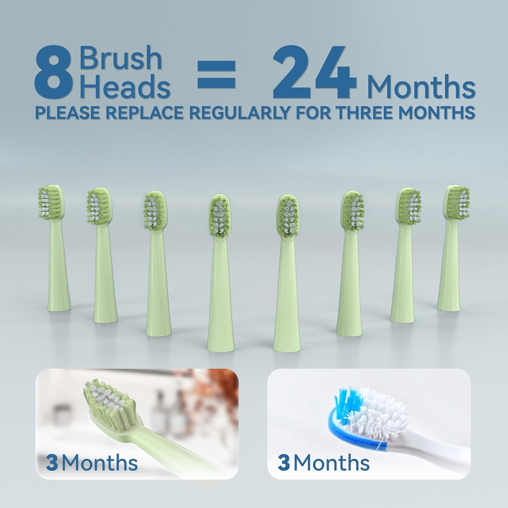 7AM2M Sonic Electric Toothbrush for Adults and Kids- High Power Rechargeable Toothbrushes with 8 Brush Heads,5 Adjustable Modes, Built-in 2-Minute Smart Timer,4 Hours Fast Charge for 30 DaysGreen