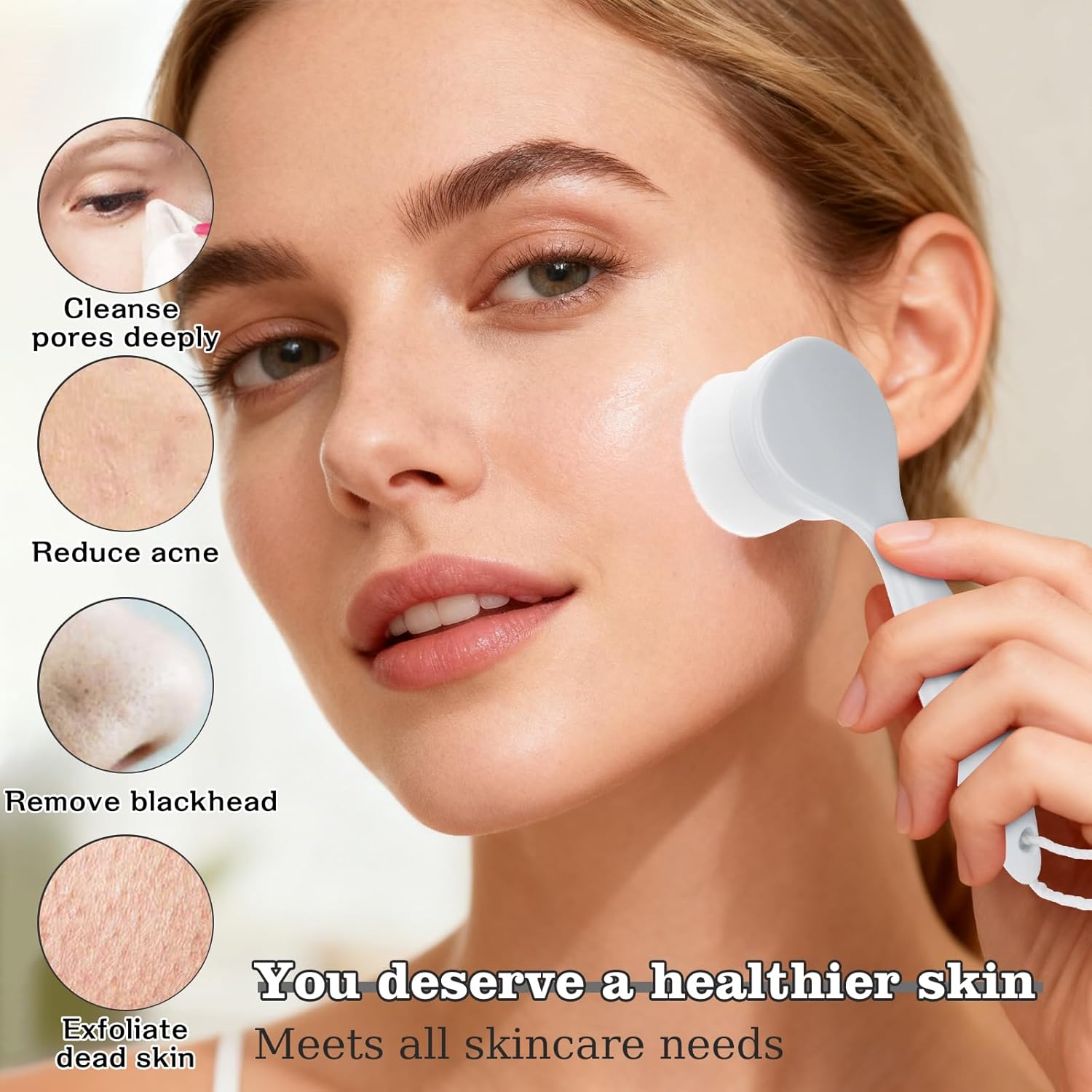 2 Pack Soft Bristle Facial Cleansing Brush for Deep Pore Cleaning, Face Exfoliating Scrub Brush for Face Cleansing Skincare Massaging (White)