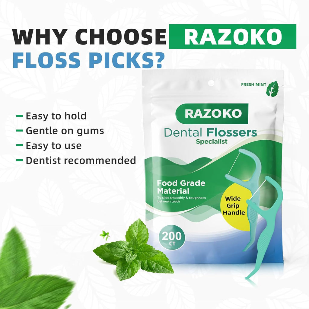 RAZOKO Dental Floss Picks | Toothpick, Shred-Resistant Floss, Easy Grip Handle, Fresh Mint Flavor, 400 Count (Pack of 2)