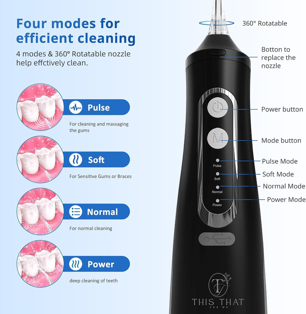 TTFM Electric Dental Water Flosser for Teeth Gums Braces, Dental Portable Oral Flosser, 4 Pressure Modes, 310ml Tank Capacity, Rechargeable IPX7 Waterproof Teeth Cleaner, Home Travel Waterflosser