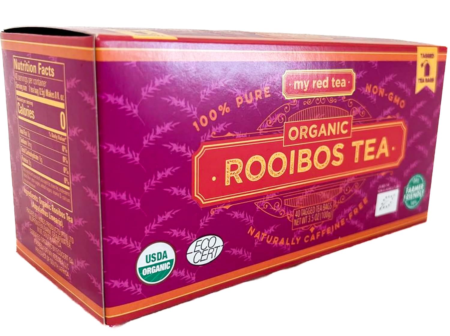 My Red Tea | USDA Organic Rooibos Tea | 40 Tagged Teabags | Single-Origin, Farmer-Friendly, Caffeine-Free | Sustainably Farmed in South Africa | Pure & Natural