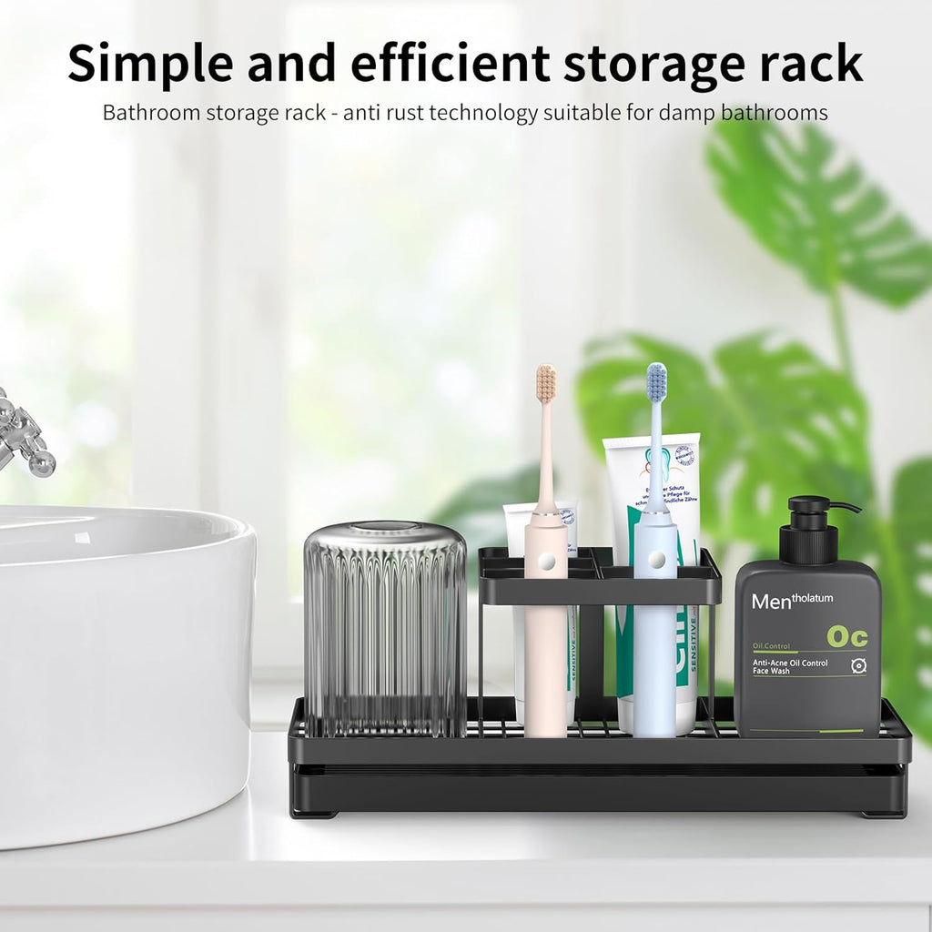 Toothbrush Holders for Bathrooms, 5 Slots Carbon Steel Tooth Brushing Holder Electric Toothbrush and Toothpaste Organizer Bathroom Accessories for Countertop, Shower, Black