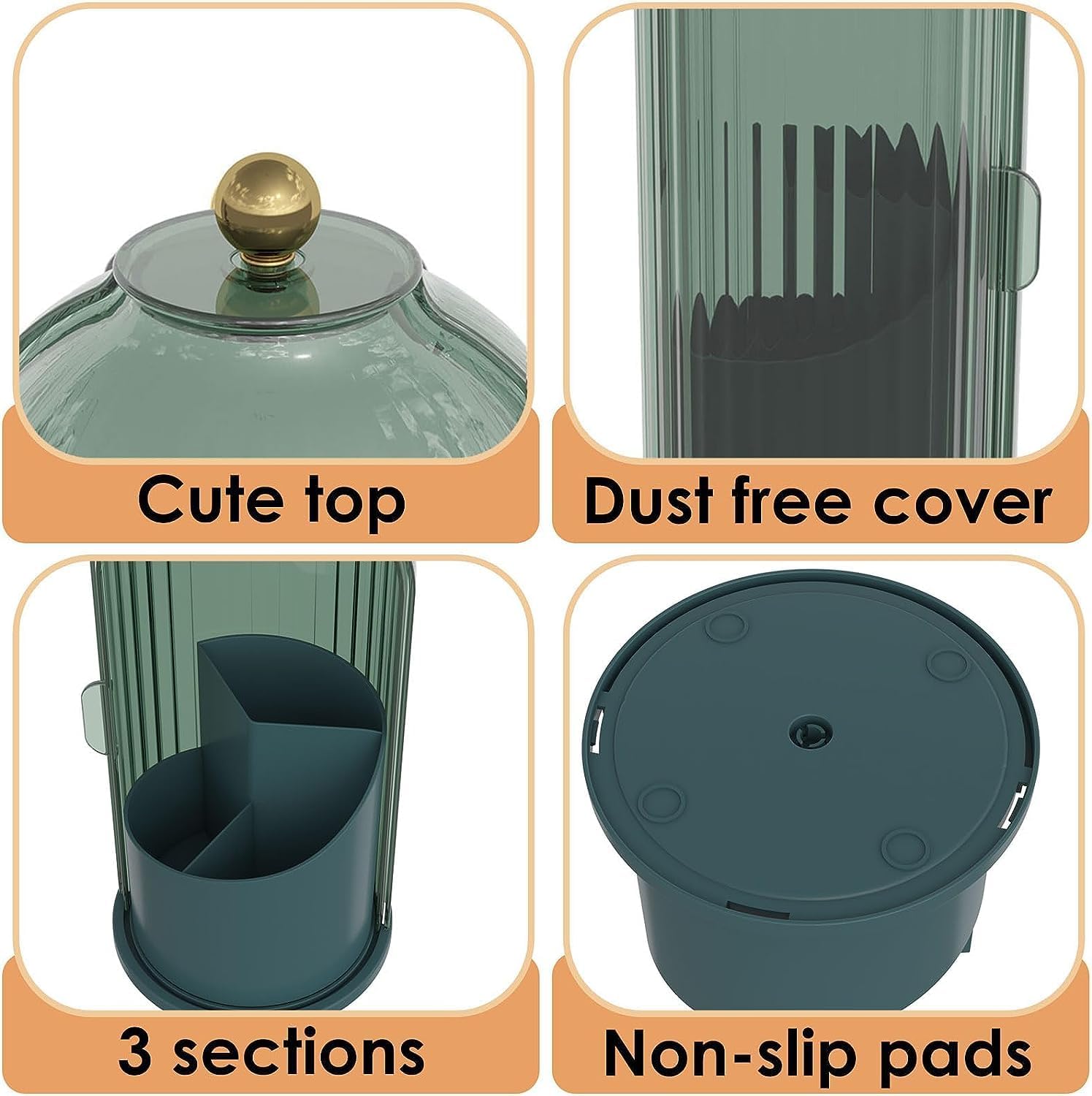 Dustproof Toothbrush Holders with Cover, Rotating Electric Toothbrush and Toothpaste Holder for Bathroom Countertop, 3 Slots Makeup Brushes Organizer, All Green