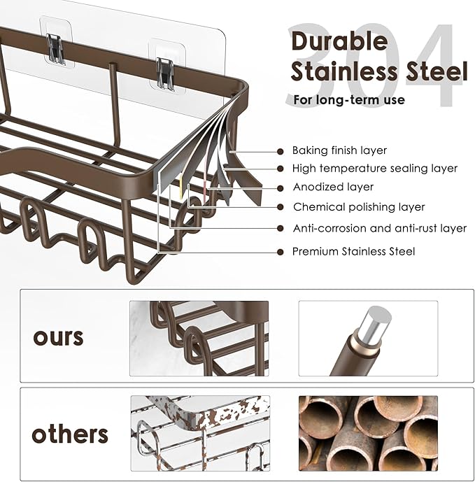 Shower Caddy Adhesive Shower Organizer 7-Pack, Rustproof Stainless Steel Bathroom Shelves, Large Capacity No-Drill Rack Storage Accessories with Soap Dish Toothbrush Holder Hooks (Brown)