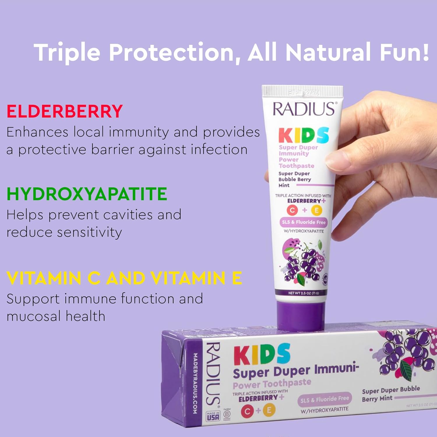RADIUS Kids Super Duper Immunity Power Toothpaste 2.5 Oz - Super Duper Bubble Berry Mint - Pack of 1