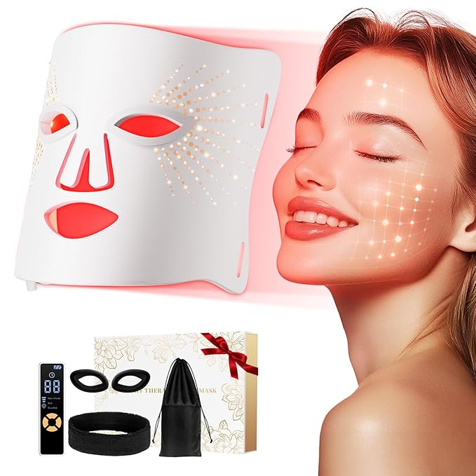 Red Light Therapy for Face-LED Face Mask Light Therapy with 3 Gears,2500mAh Battery,Remote Control,Infrared Red Light Therapy Mask for Home Working Travel Yoga Sleep