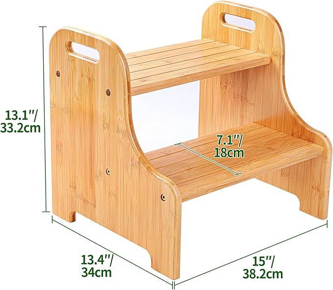 VaeFae Bamboo 2 Step Stool with Non-Slip Step Treads and 2 Cutout Handles