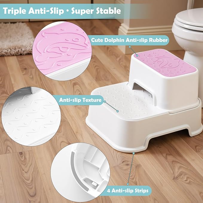 2-Step Stool for Kids - Toddler Anti-Slip Step Stool for Bathroom Sink/Toilet Potty Training/Kitchen Counter, 10" Height, 220 lbs Capacity, Durable & Stable (2Packs Pink)
