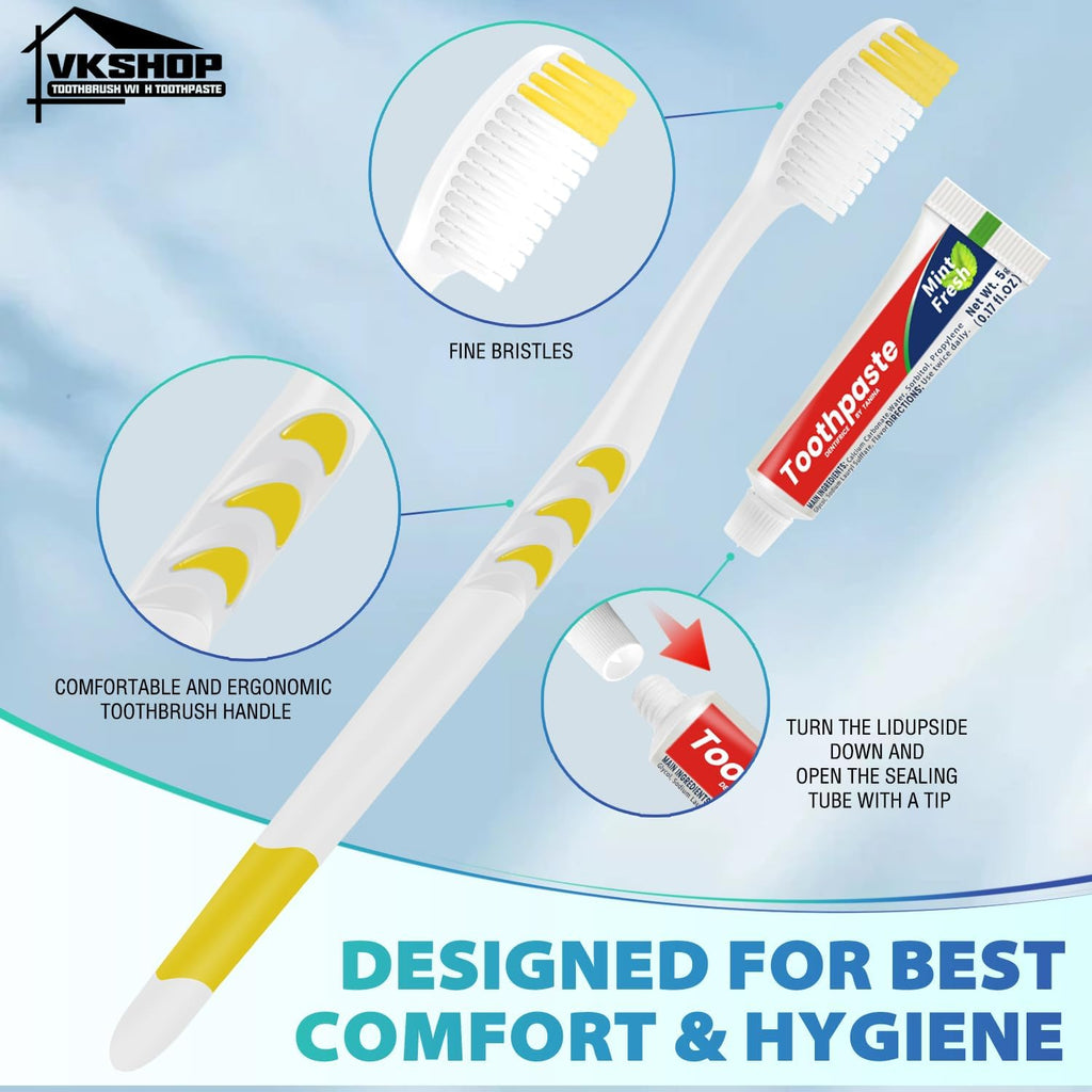 24 Pack Disposable Toothbrush with Toothpaste, Individually Wrapped Travel Toothbrush Kits, Soft Bristles for Travel, Hotels, Camping, Donations, Dental Care (White)