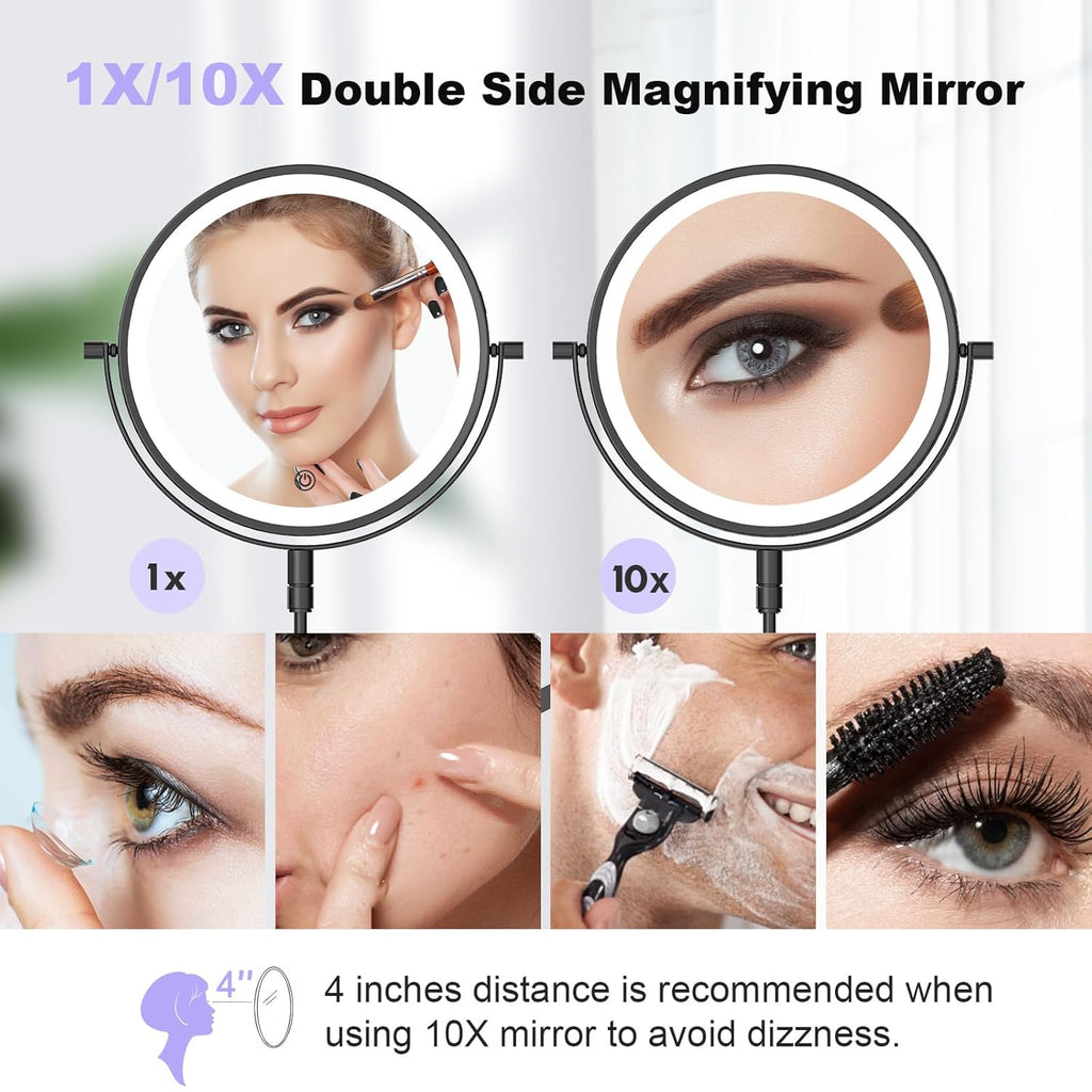 Rechargeable Wall Mounted Makeup Mirror - 8 Inch Double Sided 1X/10X Magnifying Mirror with 3 Color Lights Dimmable Touch Screen, 360°Swivel 19.6 Inch Extendable Accordion Bathroom Mirror - Black