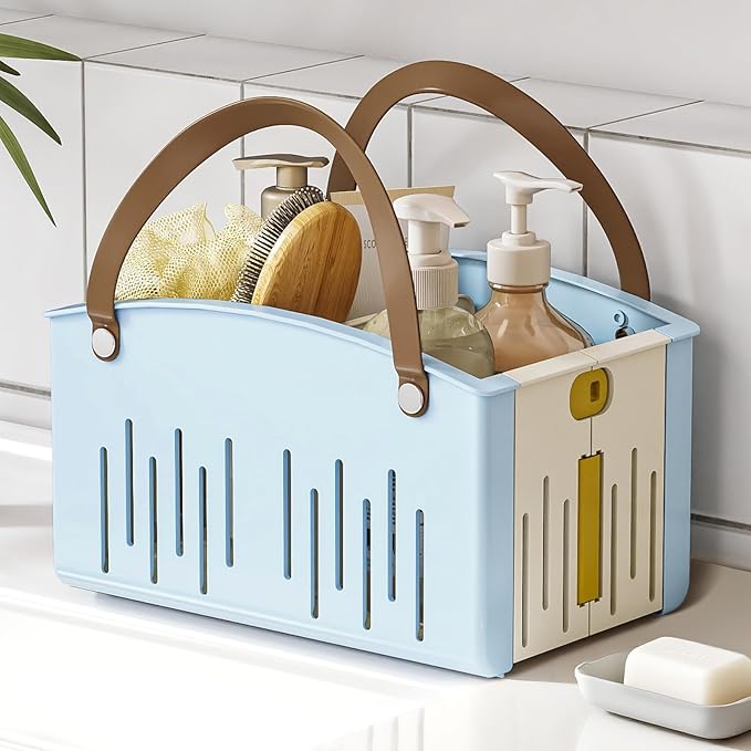 Delamu Portable Shower Basket Caddy with Double Handle Foldable Dry Wet Separation Design 11.0 × 7.1 × 6.5in, Travel, Camping, Gym, College Bathroom Tote, Blue, Ideal Christmas Gifts for Girls