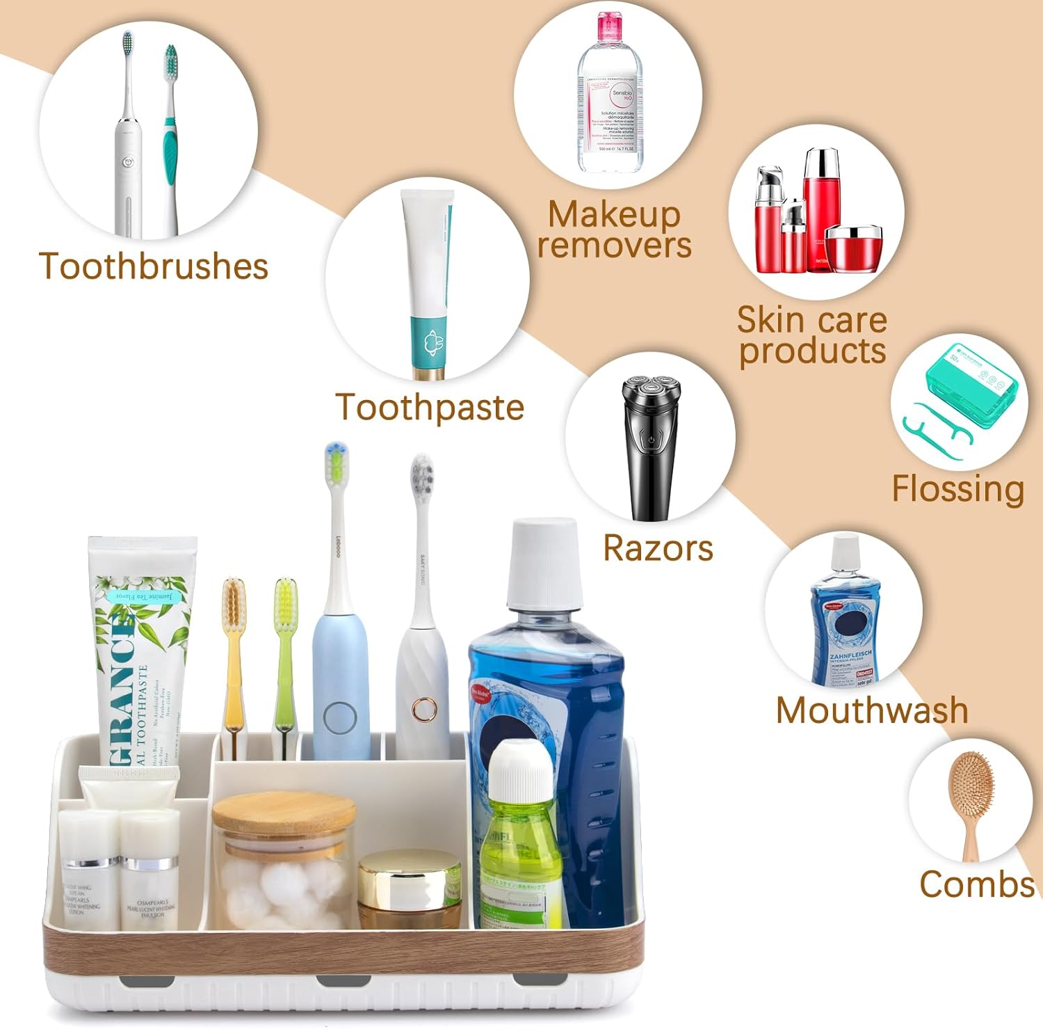Bathroom Countertop Organizer - Detachable 7 Slots Kids Electric Toothbrush and Toothpaste Holde Drainage for Bathroom Accessories Organization Counter Vanity Storage, Woodgrain
