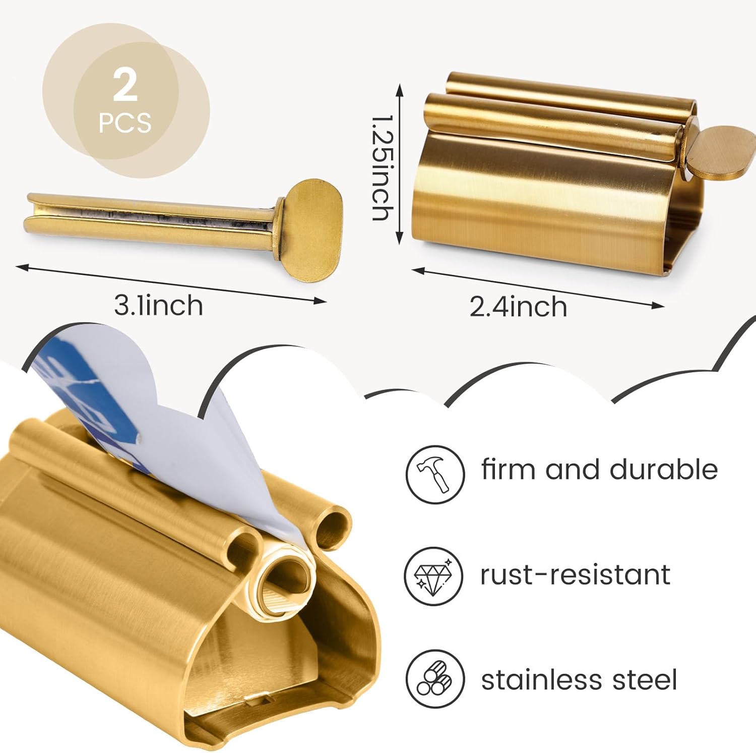 LOVEINUSA Toothpaste Tube Squeezer Dispenser, 2PCS Toothpaste Roller Squeezer Tool Stainless Steel Tooth Paste Holder for Bathroom, Matt Gold