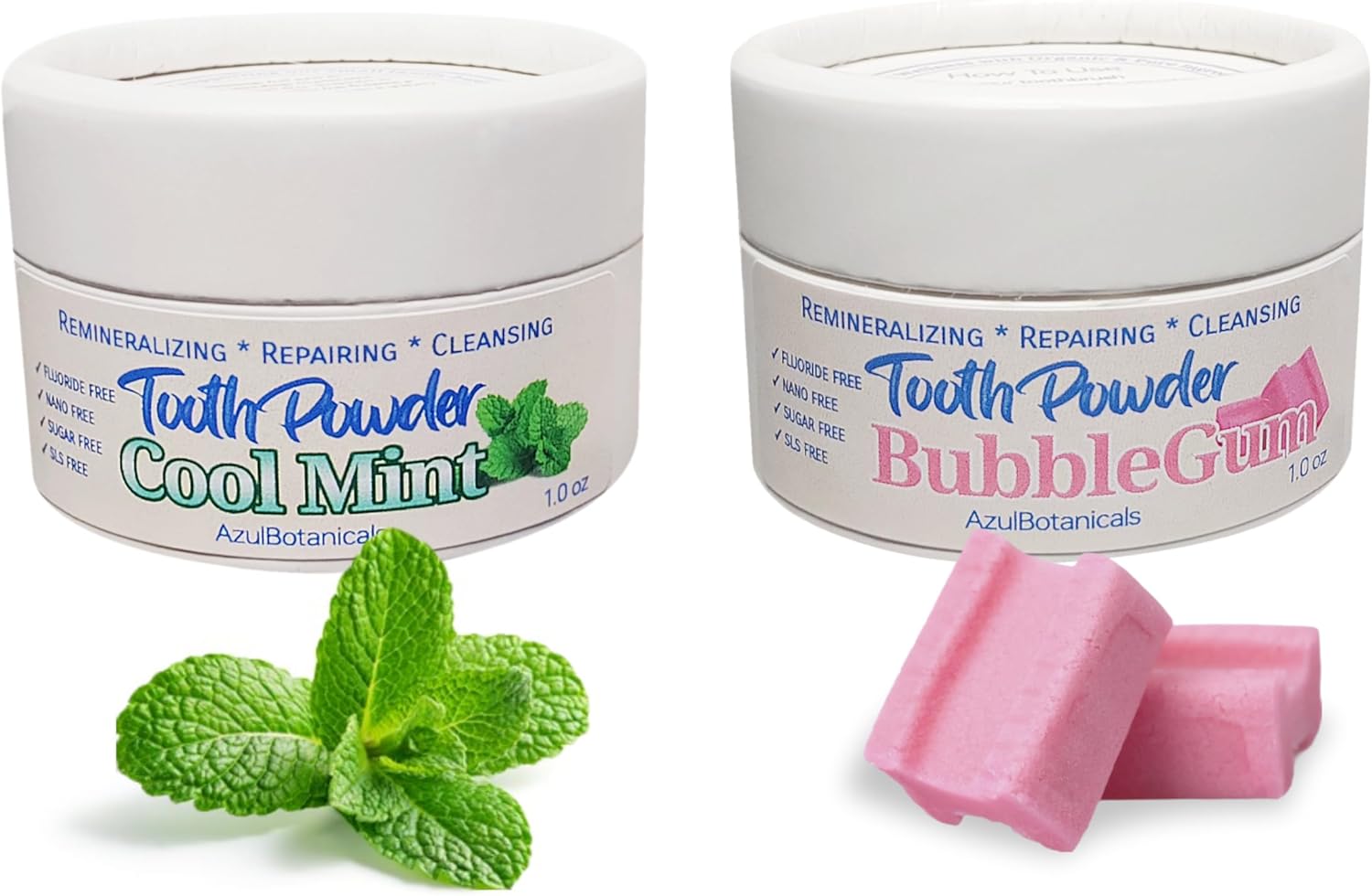 Remineralizing & Cleansing Tooth Powder, Cool Mint. Fluoride Free, SLS Free, Nano Free for Organic Oral Wellness (1 Ounce (Pack of 2), Mint & Bubblegum)