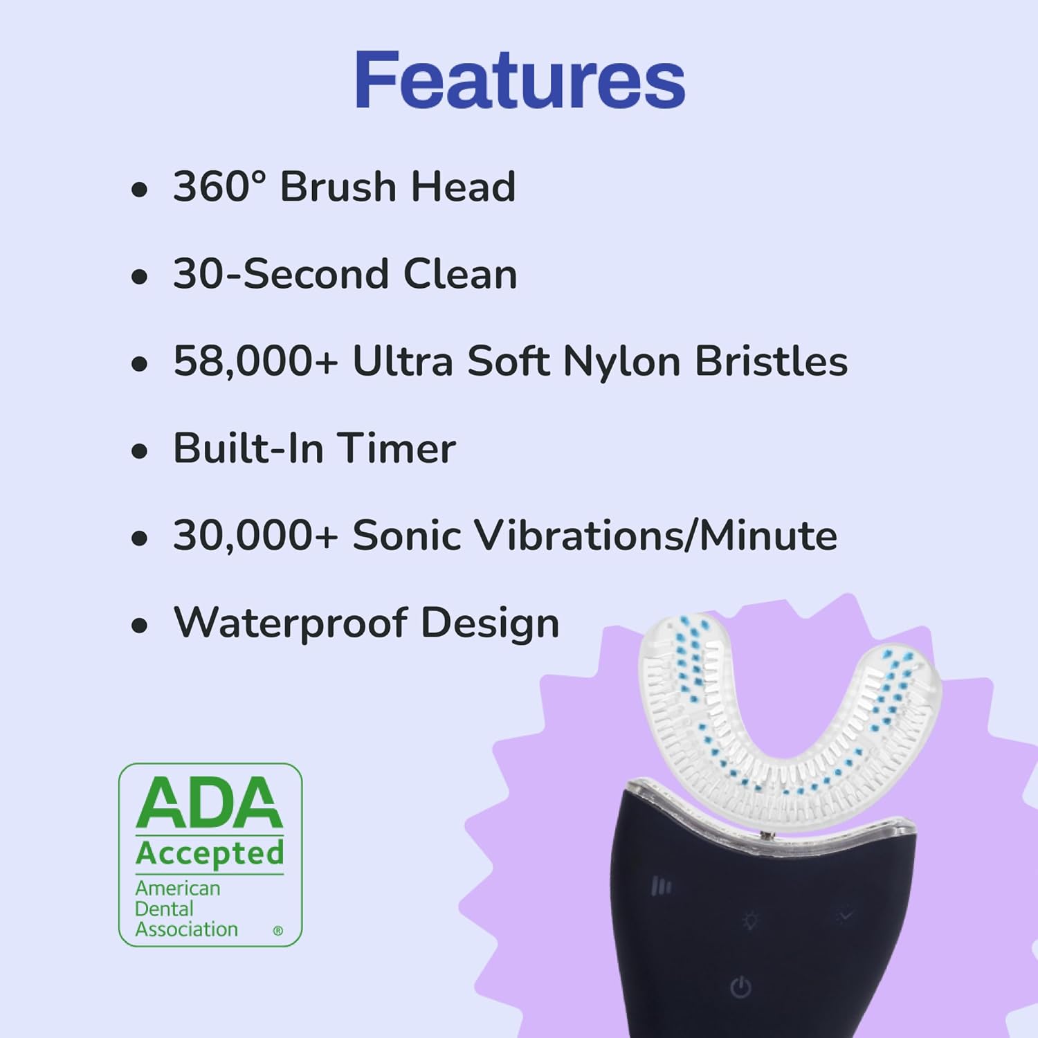 autobrush Sonic Pro Electric Toothbrush – Only ADA Accepted U-Shaped Brush, Clinically Proven Up to 5.1X Better Cleaning, 30-Second Full Mouth 360 Clean, Rechargeable, Waterproof, Black, Women's Small