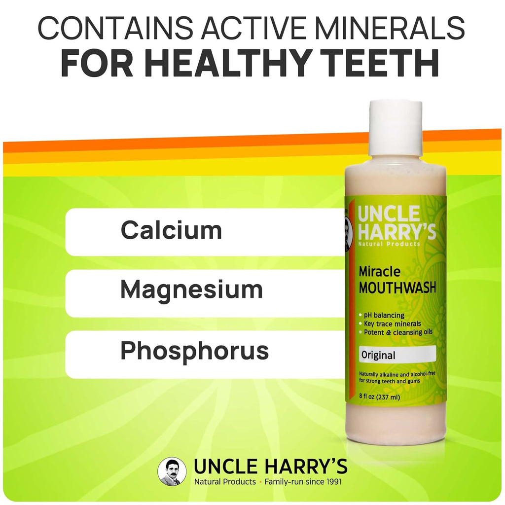 Uncle Harry's Natural Alkalizing Miracle Mouthwash | Adult & Kids Mouthwash for Bad Breath | pH Balanced Oral Care Mouth Wash & Mouth Rinse (8 fl oz)