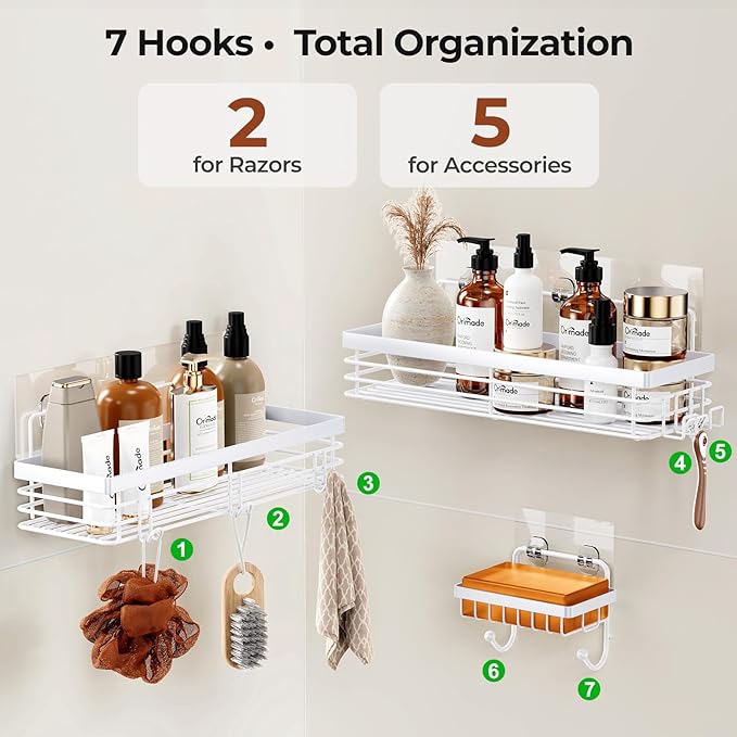 Orimade Adhesive Shower Caddy Soap Dish Holder Shelf with 5 Hooks Bathroom Organizer Basket Kitchen Storage Rack Wall Mounted No Drilling Stainless Steel - 3 Pack, White