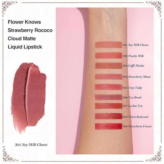 Flower Knows Strawberry Rococo Cloud Lip Cream,Long Lasting Dusty Pink Matte Lipstick,Hydrating Lip Stain,Transfer & Smudge Proof Velvet Liquid Lipstick for Girls&Women,0.12 Fl Oz(S01 Soy Milk Cheese)