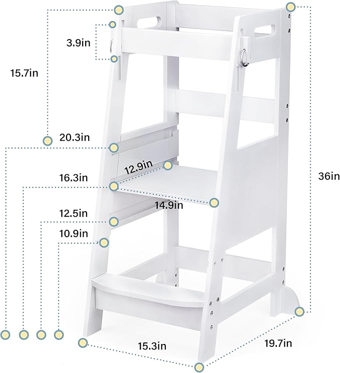 TOETOL Bamboo Toddler Kitchen Step Stool White Helper Standing Tower Height Adjustable with Anti-Slip Protection for Kids Kitchen Counter Learning