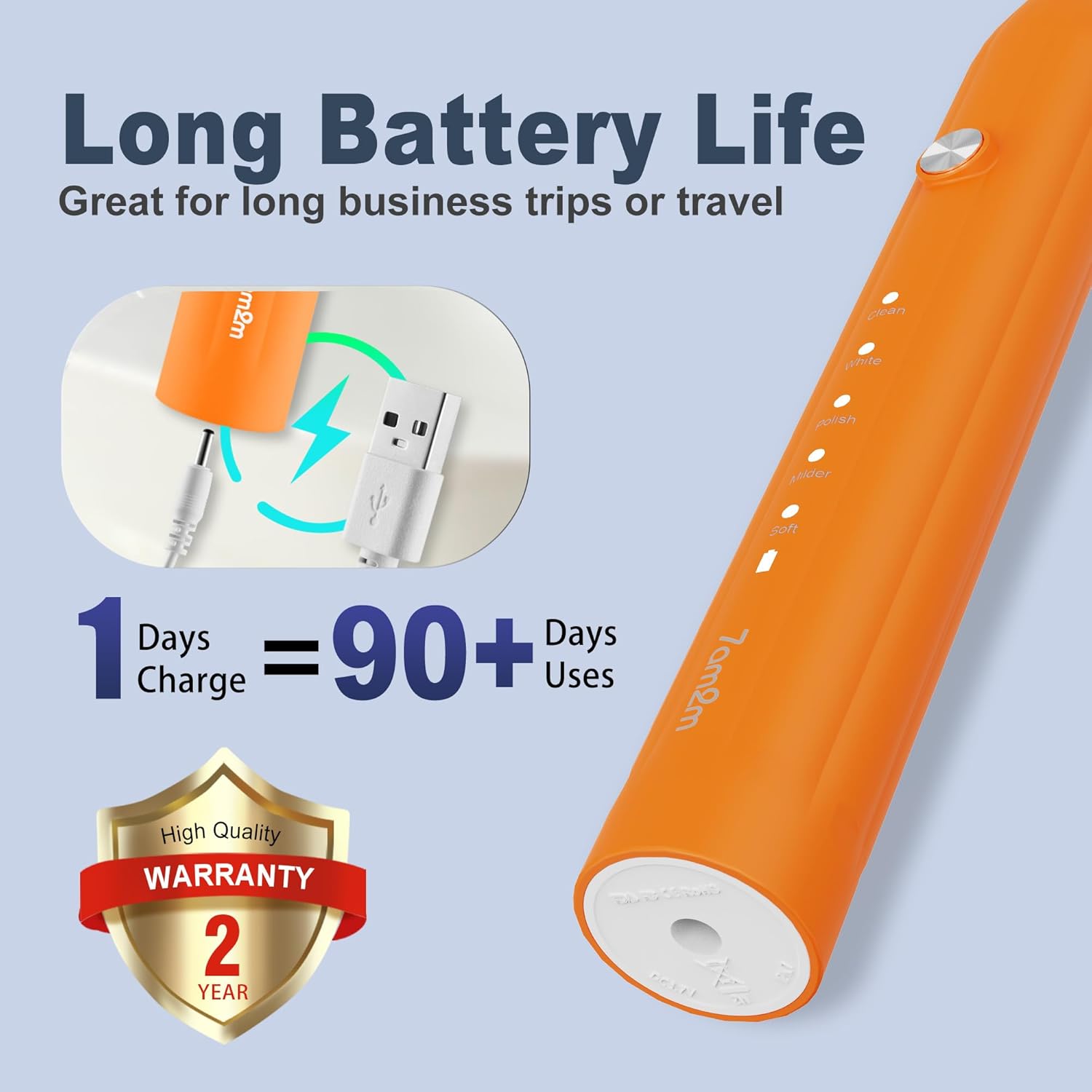 7AM2M Sonic Electric Toothbrush for Adults and Kids, with 8 Brush Heads and Travel Case,5 Modes with 2 Minutes Build in Smart Timer, One Charge Use for 90 Days, Rechargeable Toothbrushes (Orange)