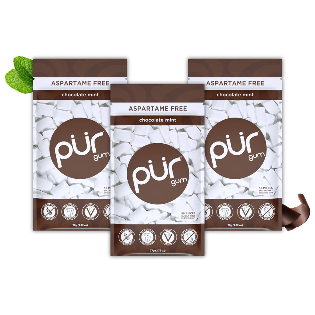 PUR Gum | Aspartame Free Chewing Gum | 100% Xylitol | Natural Chocolate Mint Flavored Gum, 55 Pieces (Pack of 3)