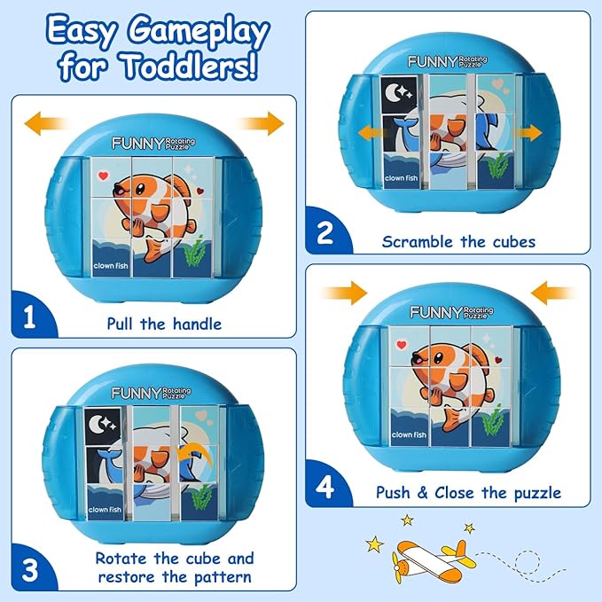 Rotating Puzzle for Kids 3 4 5 6 7 8 Year Old, 4 Puzzles in 1, Toddlers Travel, Car, Airplane, Road Trip Activities, Fine Motor Skills, Fidget, Gift for Boys & Girls Ages 3+(Fishes