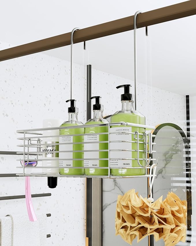Over Door Shower Caddy, Stainless Steel Bathroom Organizer with Rotating Hooks, Hanging Storage Basket for Shampoo