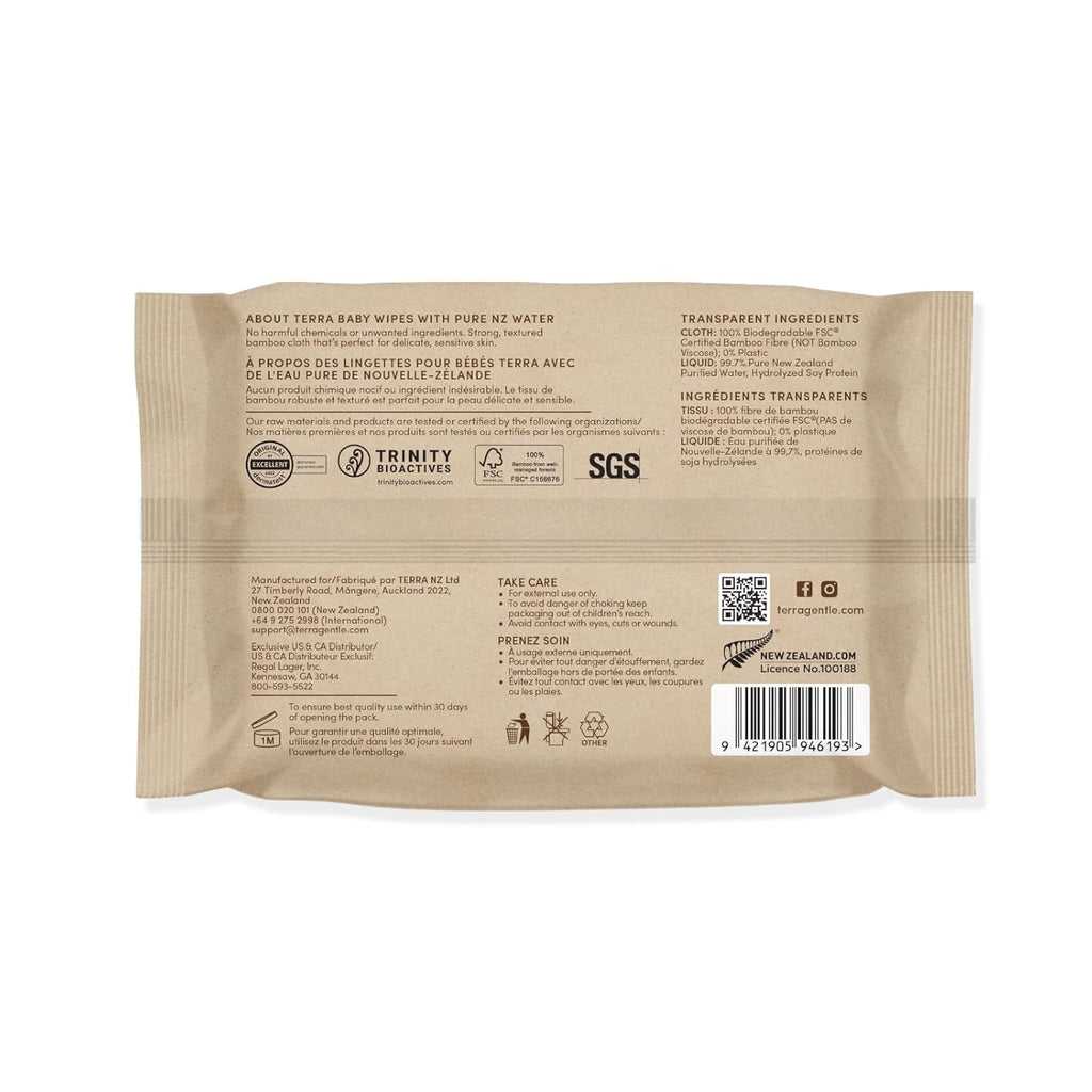 Terra Bamboo Water Baby Wipes Travel Pack: 99.7% Pure New Zealand Water, 100% Biodegradable Bamboo Fiber, 0% Plastic, Unscented Baby Wipes for Sensitive Skin, 1 TRAVEL Pack of 24 Wipes