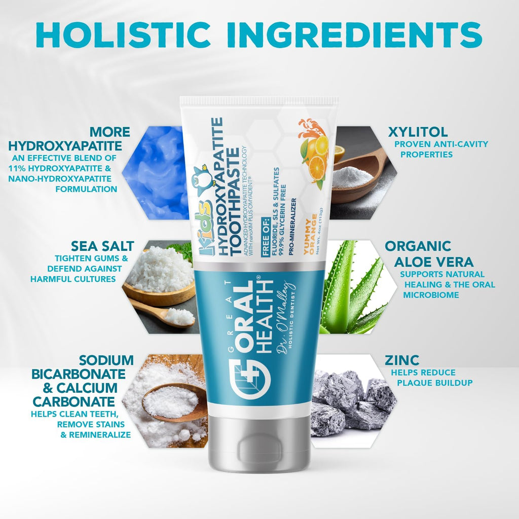 Kids Toothpaste No Fluoride; Non-Toxic Remineralizing Nano Hydroxyapatite Toothpaste Made by Dentist with Xylitol for kids Cavity Protection & Gums, Safe to swallow for Children/Toddlers, Yummy Orange