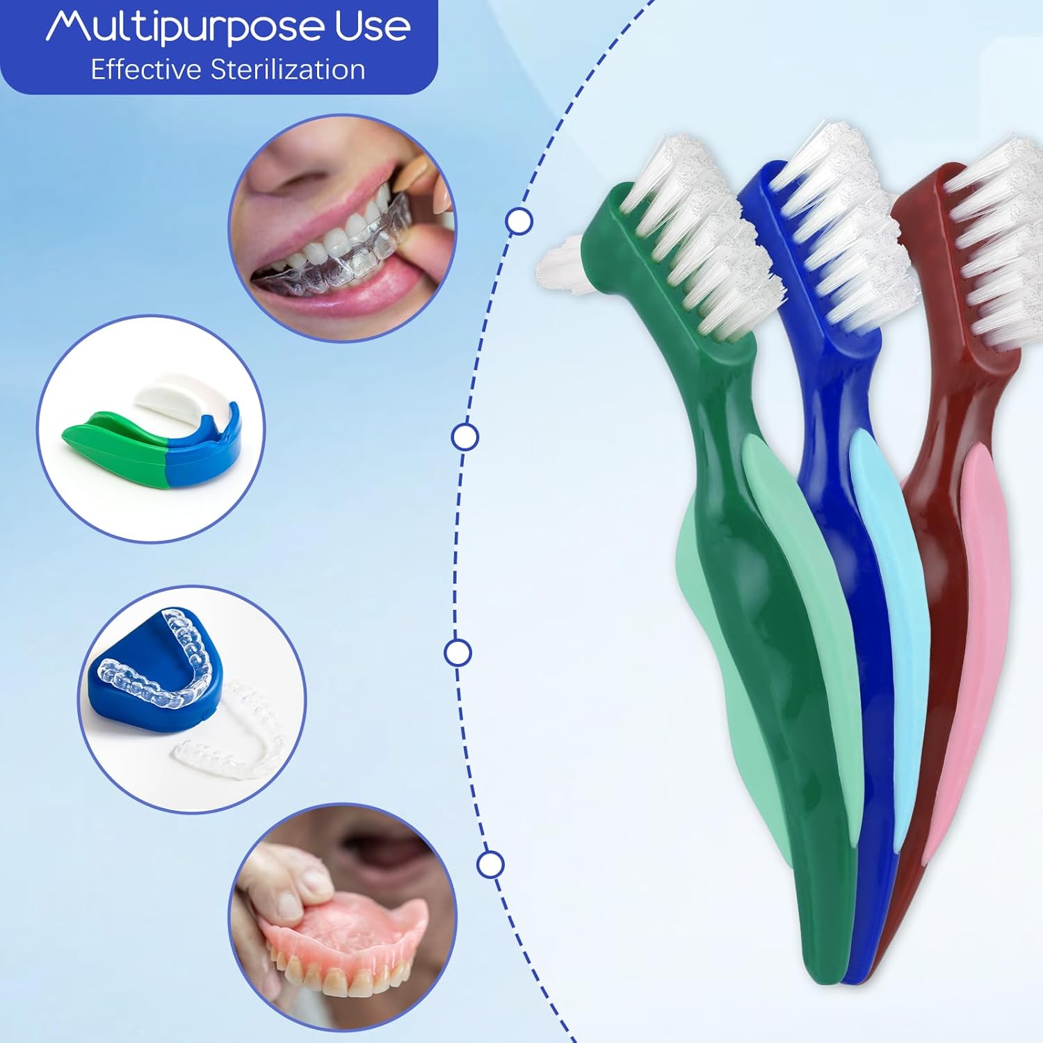 3 Pcs Hard Denture Brush, 3 Colors Premium Hygiene Denture Cleaning Brush for Denture Care, Double Sided Toothbrush with Multi-Layered Bristles & Rubber Anti-Slip Handle