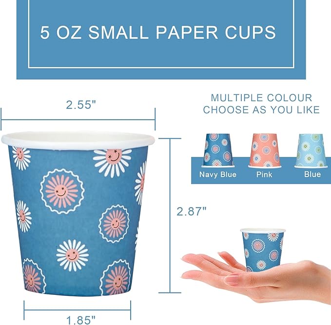 SIUQ 300 Pack 5 oz Paper Cups, Disposable Bathroom Cups, Small Mouthwash Cups, Hot/Cold Beverage Drinking Mini Cup for Party, Picnic, BBQ, Travel (Daisy)