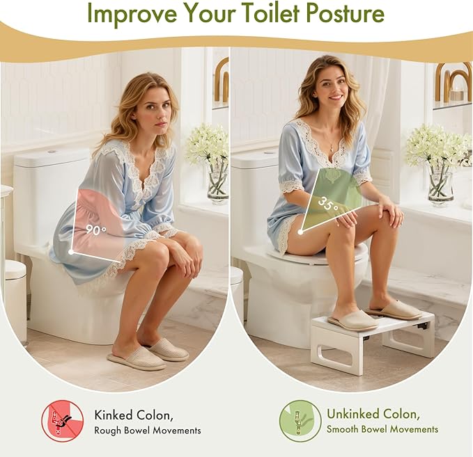 AmazerBath Bamboo Toilet Stool, 7 Inches Foldable Squatting Potty Stools for Adults, Non-Slip Pooping Stool for Bathroom, 0.79" Thickness Poop Foot Step Stools for Kids, White