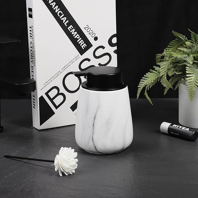 12Oz Foaming Hand Soap Dispenser - Ceramic Bathroom Foam Soap Dispenser with Easy-to-Press Black Pump, Refillable Lotion Hand Dispenser, Dish Soap Dispensers for Kitchen, Marble White
