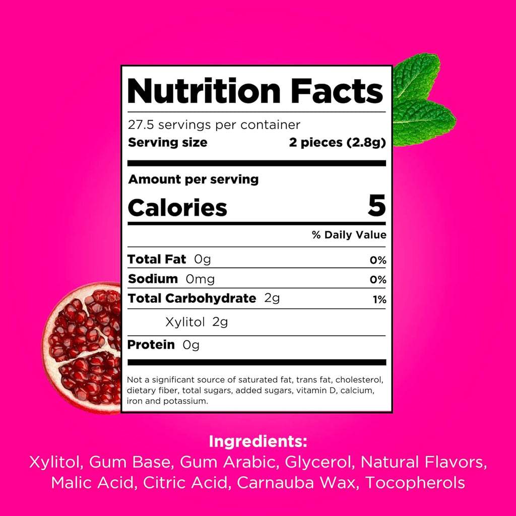 PUR Gum | Aspartame Free Chewing Gum | 100% Xylitol | Natural Pomegranate Mint Flavored Gum, 55 Pieces (Pack of 1)