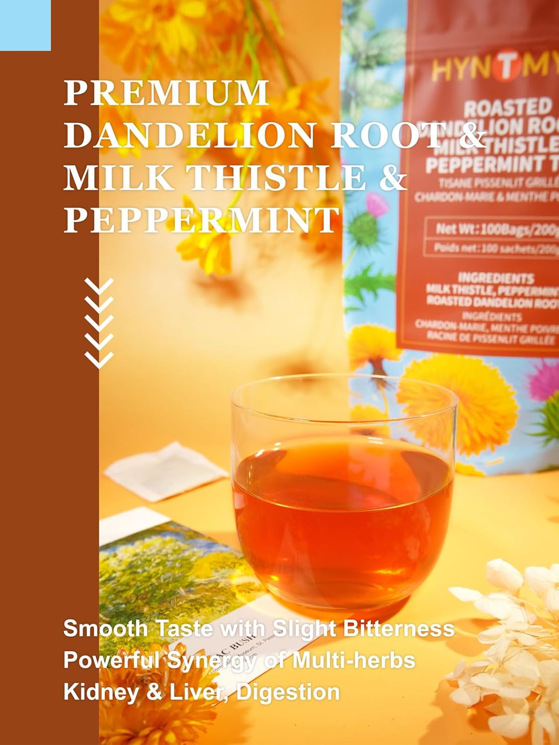 HYNTMYT Roasted Dandelion Root with Milk Thistle & Peppermint Tea Bags, Wellness, Refreshing Mint Flavor Dandelion tea, 100 Count