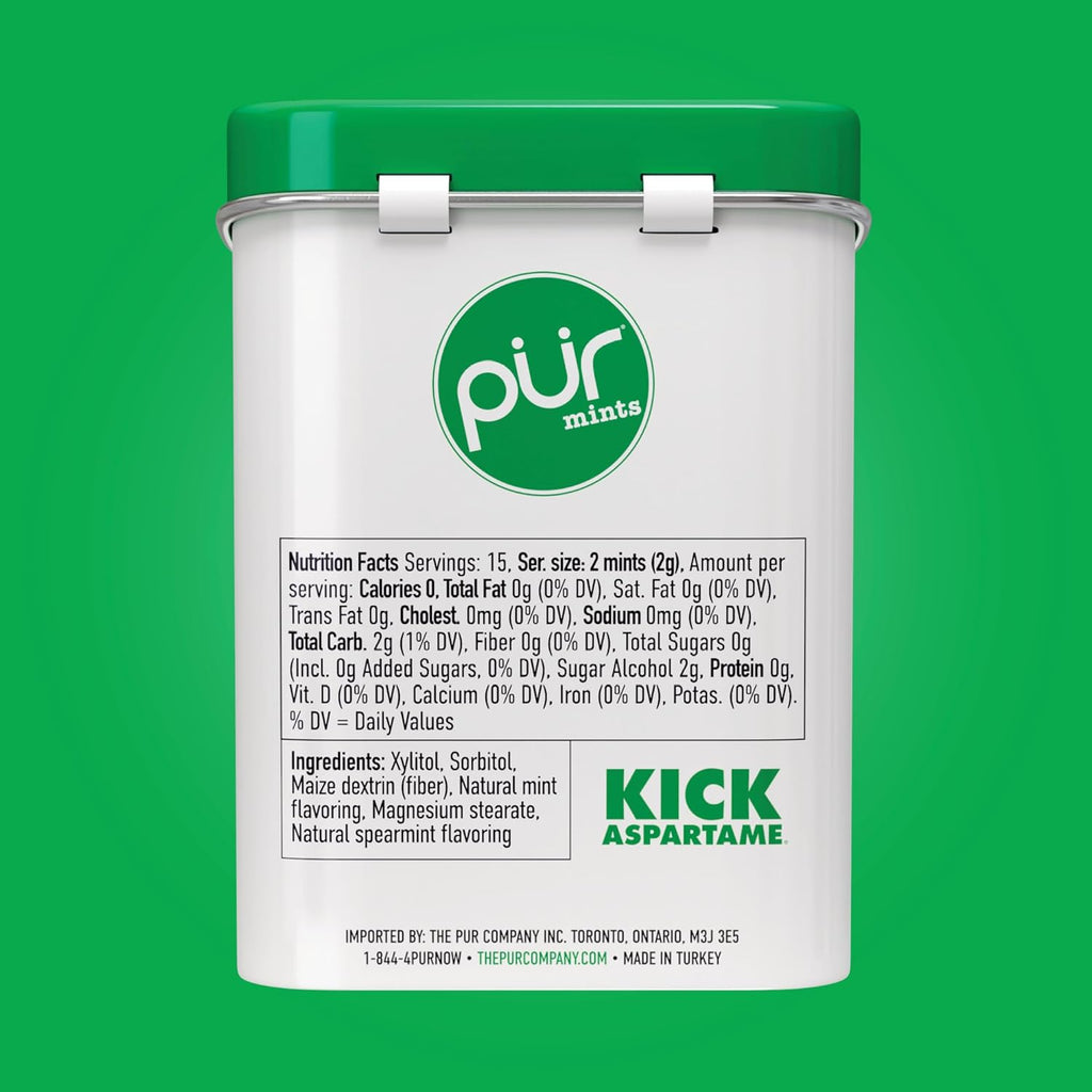 PUR Mints | Aspartame-Free | Made with Xylitol | Sugar-Free, Vegan, Gluten-Free & Keto Friendly | Natural Spearmint Flavor, 30 Pieces (Pack of 12)