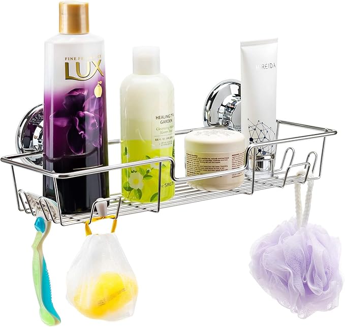 iPEGTOP Strong Suction Cup Adhesive Shower Caddy Bath Shelf Storage with Hooks, Combo Organizer Basket for Shampoo, Conditioner, Soap, Razor Bathroom Accessories - Rustproof Stainless Steel