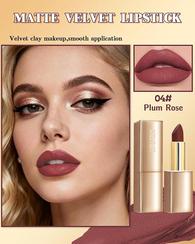 Velvet Matte Lipstick, Plum Rose High Pigmented Lip Tint Stain, Waterproof Long Lasting Cream Lip Gloss, Non-Stick Cup Smooth Tinted Lip Balm, Thanksgiving Lip Professional Makeup Gift for Women-04