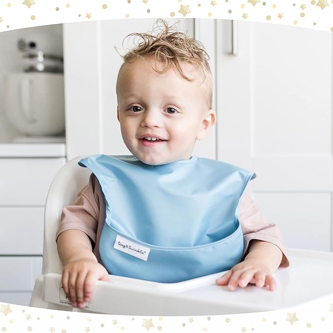 Tiny Twinkle Mess-Proof Baby Bibs for Eating | Waterproof, Wipeable Toddler Bibs with Catch-All Pocket | Feeding Bibs for Girls & Boys(5 Pack, Unisex Solids)