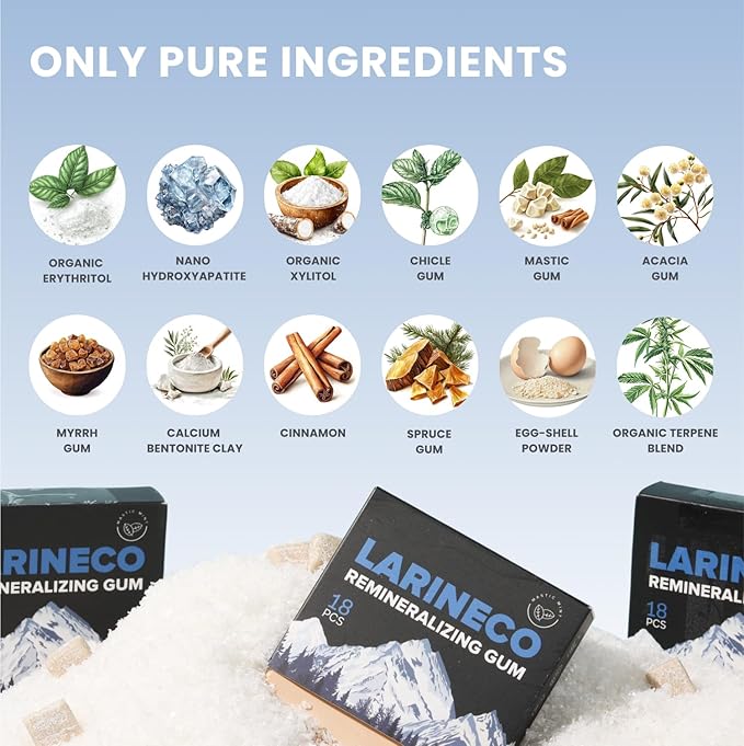 Larineco Remineralizing Gum with Nano Hydroxyapatite & Xylitol – Sugar-Free Xylitol Gum – Plastic-Free, Dye-Free, Aspartame-Free – Natural Base – 36 Pieces, Mastic Mint