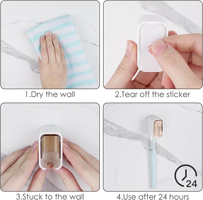 4 Pack Toothbrush Holders for Bathrooms Shower, Wall Mount Toothbrush Organizer with Cover, Self Adhesive Electric Toothbrush Storage, Quick Dry Toothbrush Hanger (Orange)