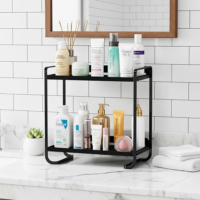 2-Tier Black Carbon Steel Bathroom Counter Organizer - Skincare Cosmetic Display Tray for Perfume, Makeup，Bathroom, Vanity Storage - Modern Countertop Organizer and Vanity Decor