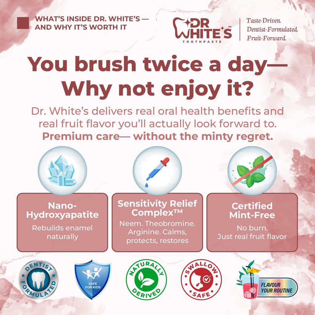 Dr. White’s Fluoride-Free nHA Toothpaste; Dentist-Formulated, Nano Hydroxyapatite + Xylitol, Sensitivity Relief Complex™, Mint-Free, Enamel Safe, Swallow-Safe (3.5 Oz, Cherry Bloom)