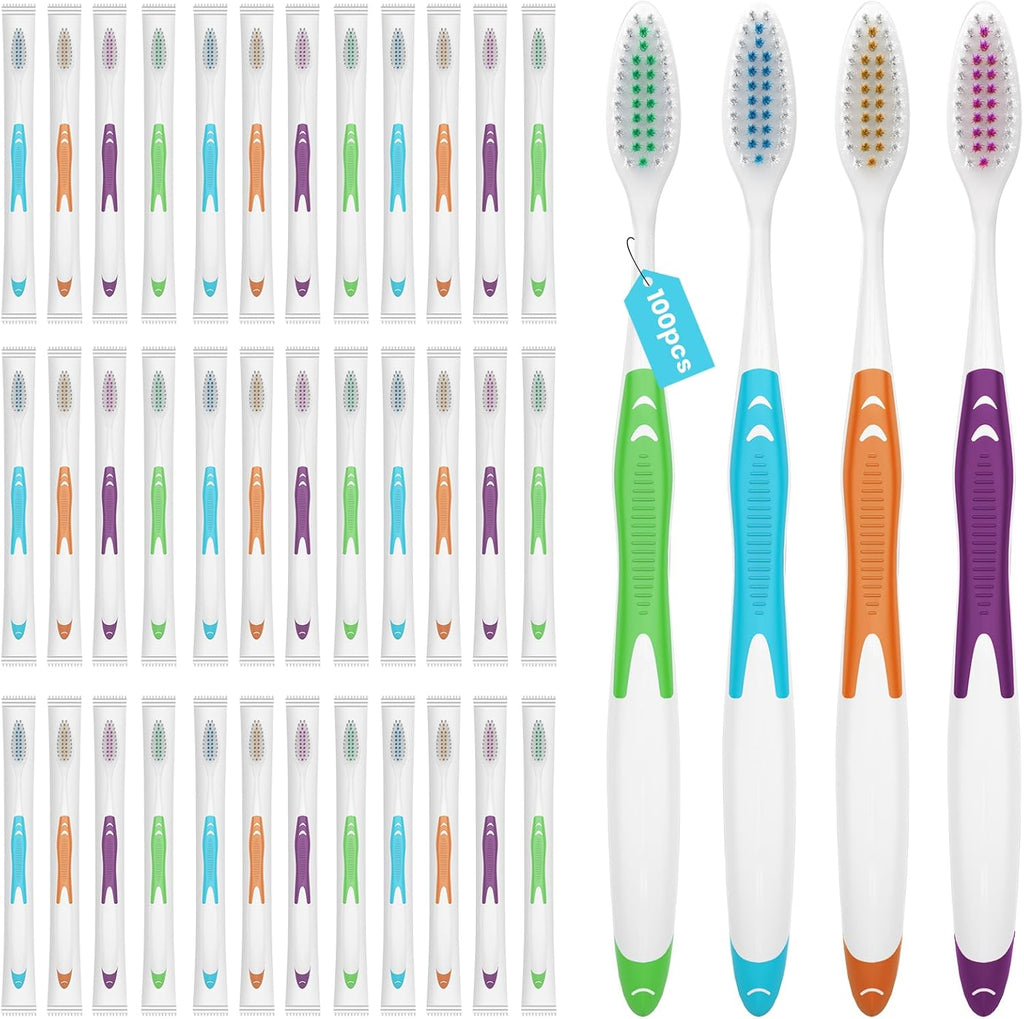 100 Pack Individually Wrapped Bulk Toothbrushes for Adults & Kids, Disposable Tooth Brush, Medium Soft Bristles for Travel, Donations, Hotels