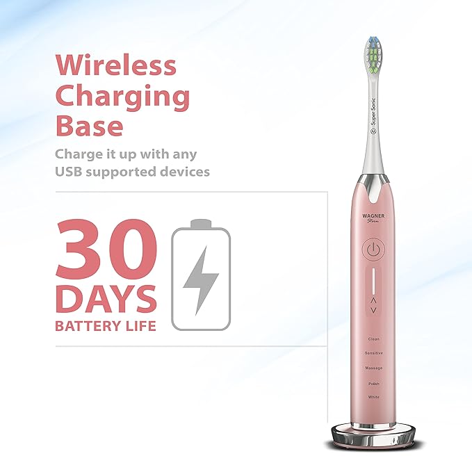 Wagner Stern Ultrasonic whitening Toothbrush with Pressure Sensor. 5 Brushing Modes and 4 Levels of Intensity, 8 Soft bristles, Travel case.