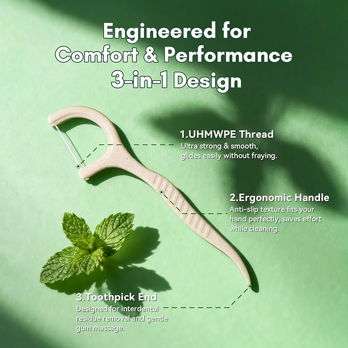 FAMILIFE Eco-Friendly Floss Picks (100Pcs) - Plant Based Dental Floss Picks with Strong Toughness, Natural Tooth Picks Flossers for Adults Daily Oral Cleaning & Gentle Gum Care, Mint Flavor