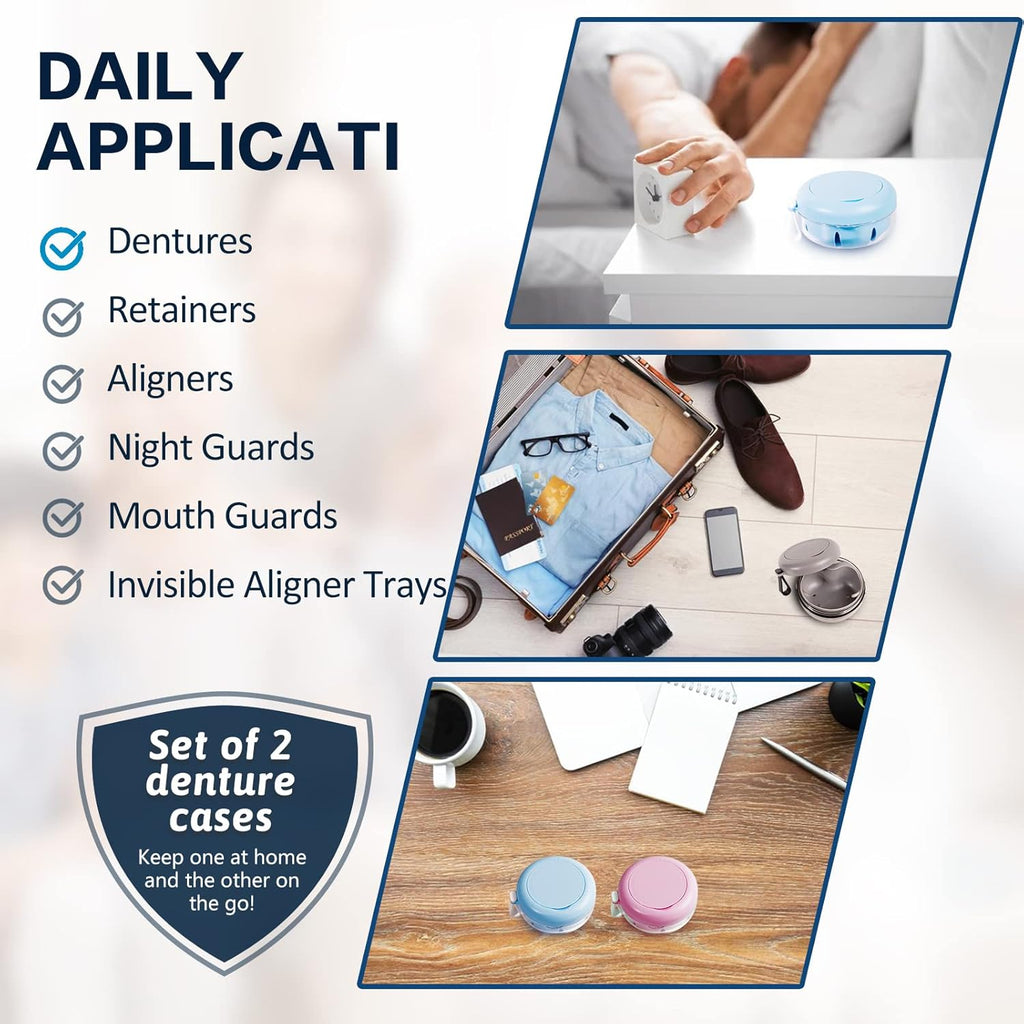 Retainer Case, Retainer Cleaner Case, Definitely No-Leak Denture Case Denture Bath Box for Traveling Perfectly, Denture Cup with Strainer & Mirror(Blue)