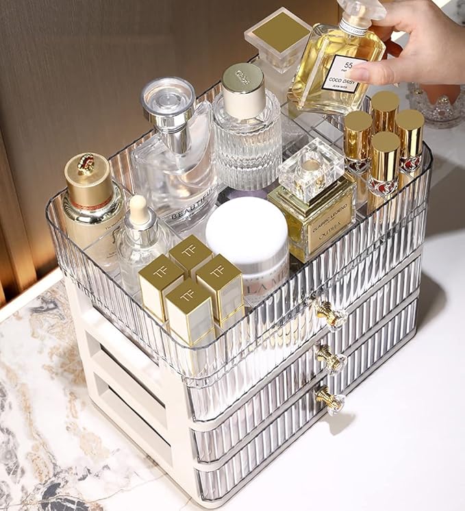 MIUOPUR Makeup Organizer with 3 Large Drawers, Countertop Organizer for Cosmetics, Ideal for Bathroom and Bedroom Vanity Countertops, Desk Storage Holder for Lipstick, Brushes and Nail Polish