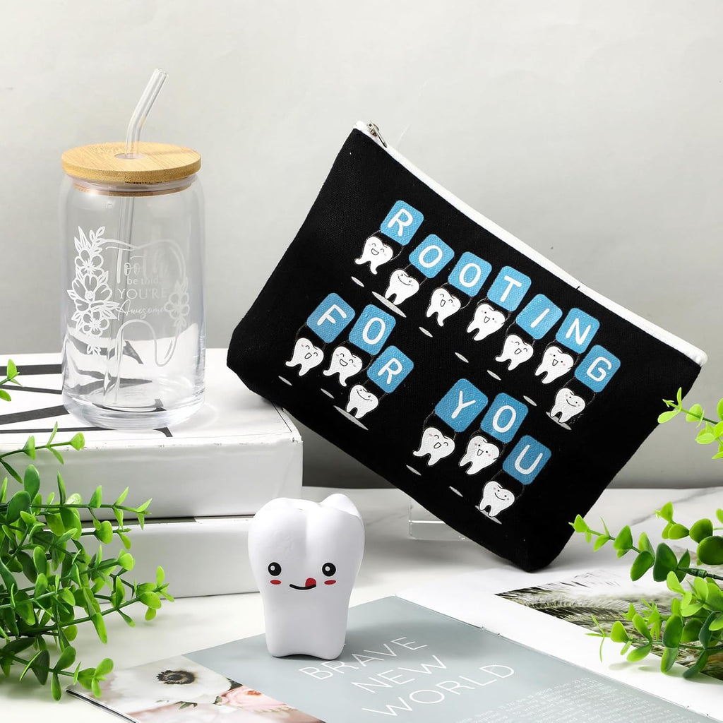 Sliner 3 Pcs Dental Nurse Gifts Dental Hygienist Gift 16 oz Glass Cups Makeup Bag Teeth Stress Toy for Women Coworkers Nurse Assistant Retirement Graduation Birthday Christmas Dentist Gift(Black)