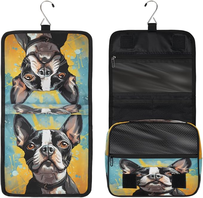 Hanging Toiletry Bag for Women Men Travel Boston Terrier Dog Art Painting Makeup Organizer with Compartments, Waterproof Portable Cosmetic Bag with Hook and Handle